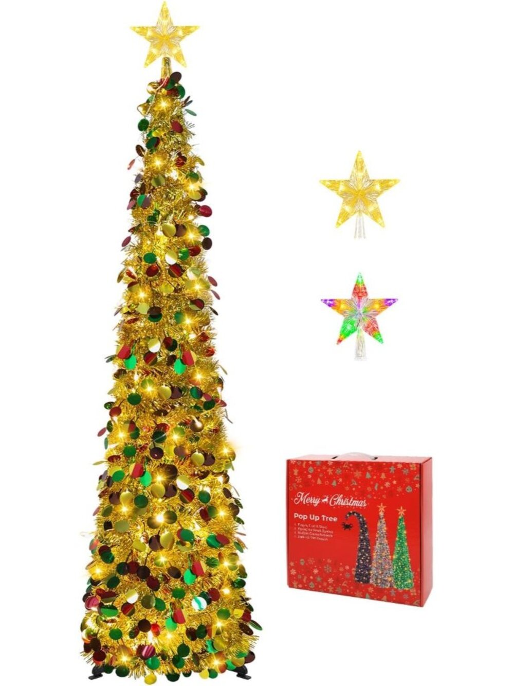🎄5FT Gold Mix Pop Up with Lighted Top Star for Christmas LED Tree Decorations